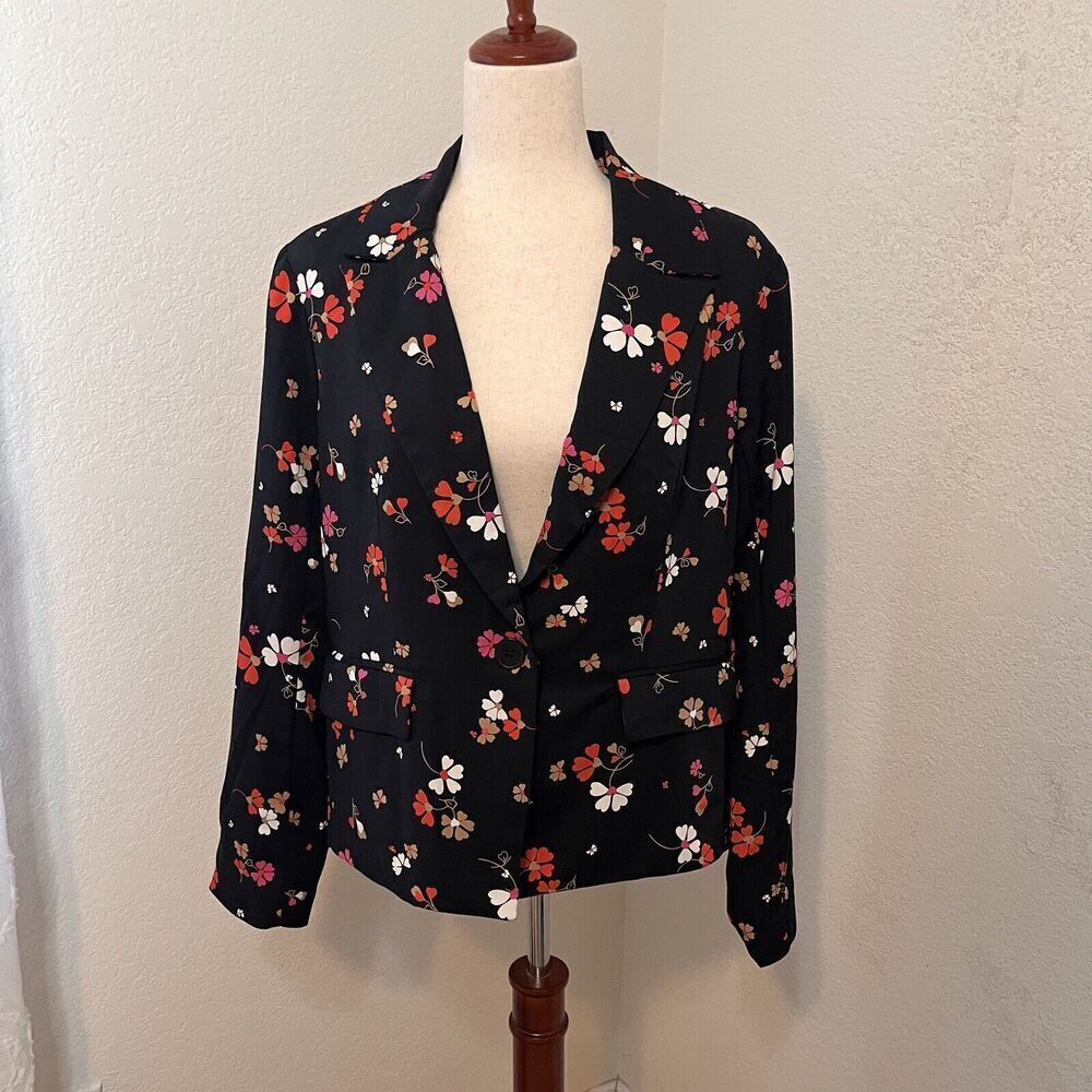 ModCloth Womens Black Floral Blazer Size Large One Button Long Sleeve Retro